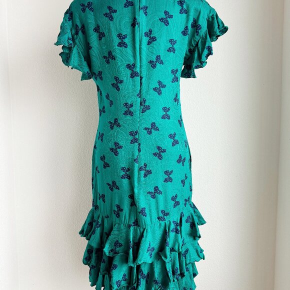 VINTAGE TEAL SILK DRESS WITH BOW PRINT - Picture 4 of 7